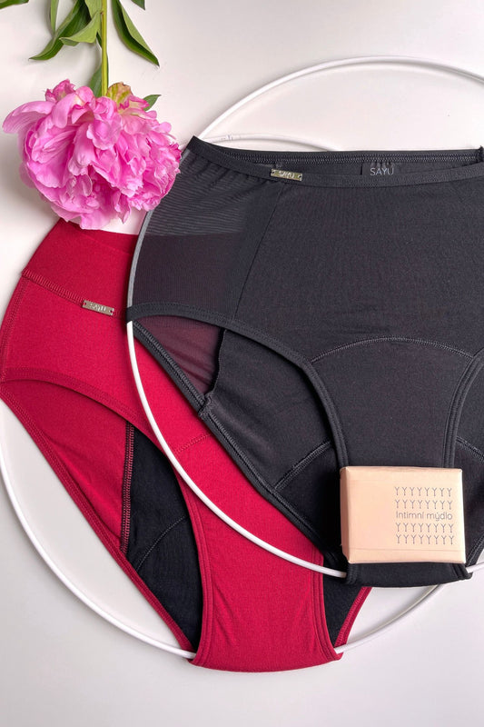 Výhodný set dvou kusů modalových menstruačních kalhotek s merino vlnou vyššího střihu s intimním bylinným mýdlem - produktová fotografie