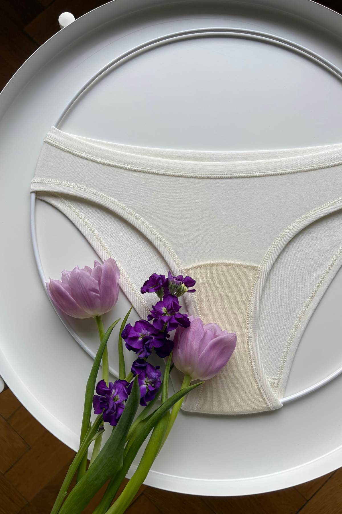 pohodlné klasické kalhotky s plochými švy na denní nošení bikini briefs v krémovo bielej farbe. Pohled na merino